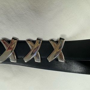 Paloma Picasso Black Leather Belt with Silver XXXs - Size Medium